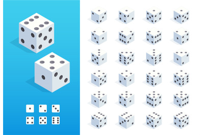 Isometric dice. 3D random roll of casino game elements, gambling and r