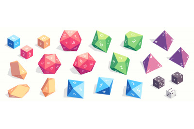 Rpg game dice. Cartoon polyhedral d4 d6 d8 d10 d12 d20 dice for board