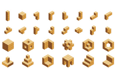 Isometric wooden cubes. Geometric wooden blocks of different shapes, w