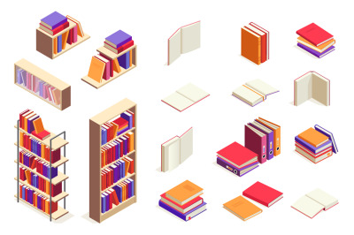 Isometric books. Open and closed book stack, university textbook, ency