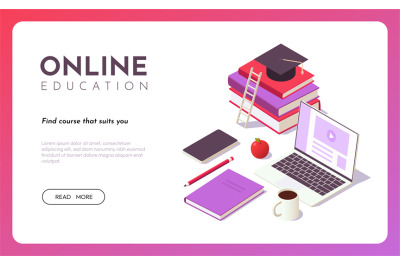 Online education isometric concept. Distance learning, online courses,