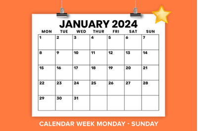 2024 8.5 x 11 Inch Large Number Mon-Sun Calendar