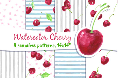 Cherry Digital Paper Watercolor Cherries Red Berries Fruits Summer Sea