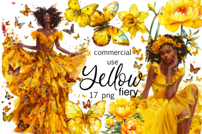 Yellow Fiery Black Girl Clipart, Yellow Butterfly Clipart