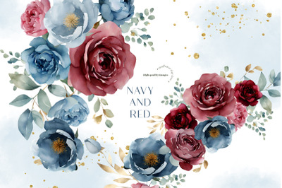 Elegant Navy &amp; Red Flowers Bouquets Clipart, Navy Blue Floral