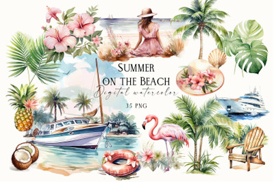 Watercolor Summer Clipart, 35 PNG Summer on the Beach