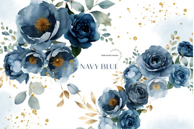 Watercolor Navy Blue Flowers Clipart, Blue Flowers Bouquets Clipart