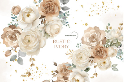 Elegant Rustic Ivory Flowers Bouquets Clipart, Gold Geometric Frames