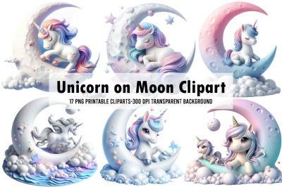 Unicorn on Moon Watercolor Clipart