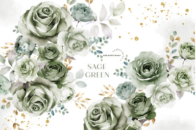 Sage Green Flowers Bouquets Clipart, Elegant Sage Green Floral