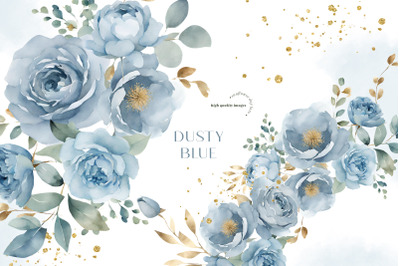 Dusty Blue Flowers Clipart, Blue Flowers Bouquets Clipart