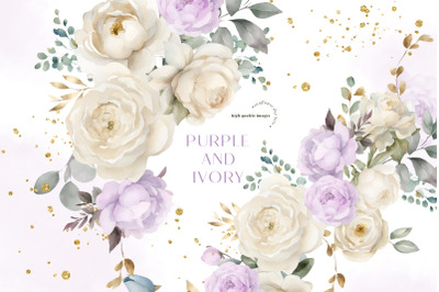 Elegant Purple Ivory Flowers Bouquets Clipart, Lilac Floral