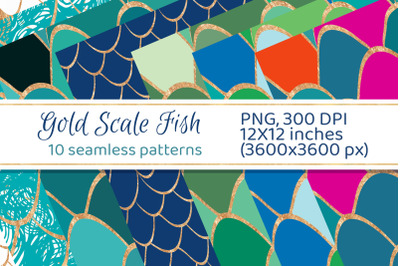 Seamless Patterns Mermaid Fish, Dragon Scale, Set Geometric Background