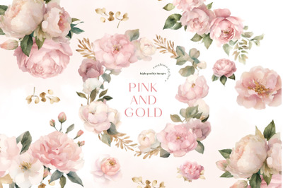 Pink &amp; Gold Flowers Clipart, Greenery Floral Clipart