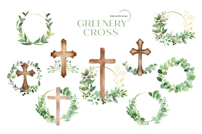 Greenery Floral Easter Cross Clipart, Greenery Rustic Cross