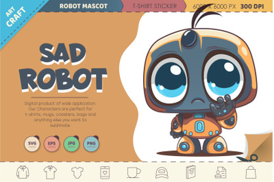Cartoon sad robot. T-Shirt, PNG, SVG.