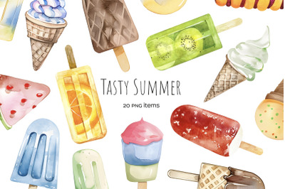 Watercolor ice cream clipart. Summer food clip art. Different icecream