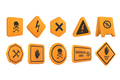 Caution 3D signs. Hazard warning, safety and caution symbols. High vol