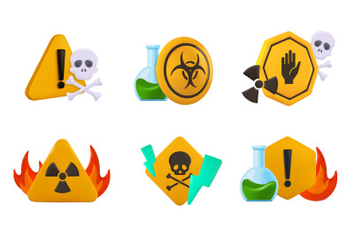 Hazard 3D signs. Biohazard and radiation warning, caution symbols with