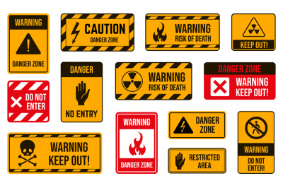 Danger area warning signs. Caution keep out symbol, electrical hazard,