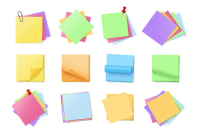 Color sticky note stack. Blank adhesive notepads, stacked multicolored