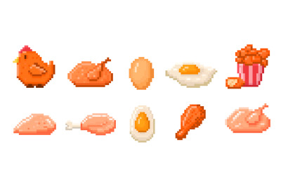 Chicken food pixel art. Fried egg, pixelated wings, breast, drumstick,