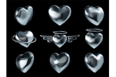 Liquid chrome heart icons. Shiny metallic love symbol&2C; retro Y2K heart