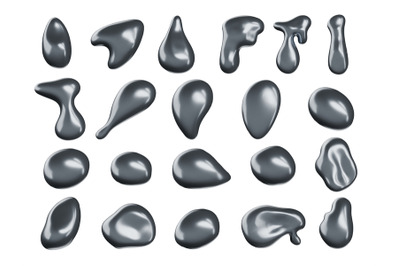 Liquid chrome elements. Melted metal shapes, abstract silver droplets