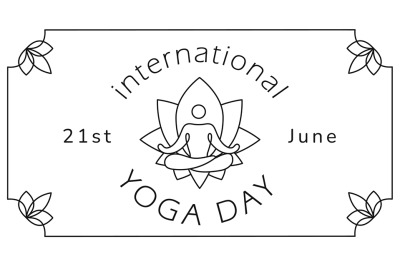 International yoga day celebration banner. Lotus position line art sil