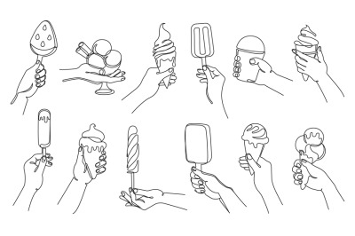 Hand with ice cream. Continuous one line hand holding cones, popsicles