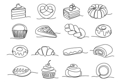 Continuous one line sweet bakery. Pastry and dessert icons vector illu
