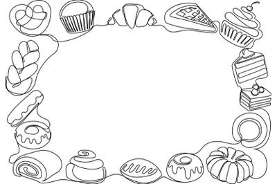 One line sweet bakery frame. Baked goods and desserts for menu border,