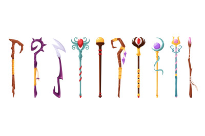 Magic wizard sticks. Magical staff, wizard weapon and shaman wands car
