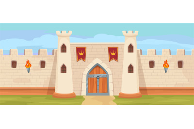 Medieval kingdom fortress gate. Majestic medieval castle with stone wa