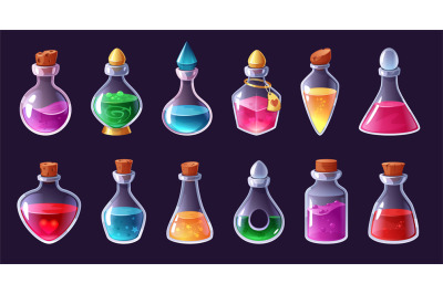 Magic potion. Love elixir, magical liquid bottles and alchemy inventor