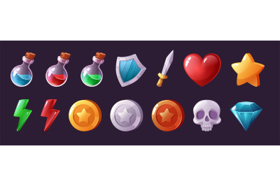Cartoon game icons. Potion vials and magic elixirs, health heart and p
