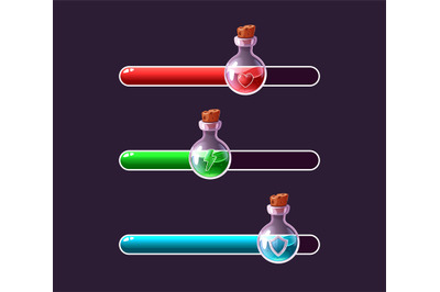 Cartoon power level bars. Fantasy game interface elements with potion
