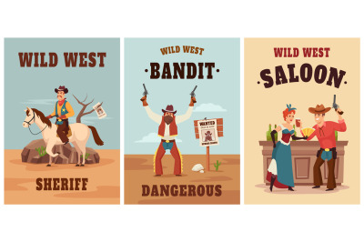 Wild west posters. Sheriff adventure, dangerous wanted bandit and salo