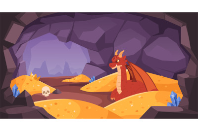 Dragon cave. Magical red dragon guards glittering gold coins piles in