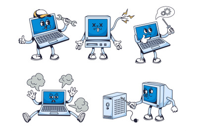 Computer service mascot. Laptop repair character, pc troubleshooting a