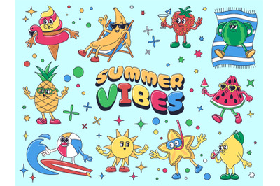 Cartoon summer vibes. Ice cream mascot, vacation fruits characters for