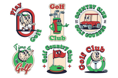 Cartoon Golf mascot print templates. Golf club emblems with ball, bag,