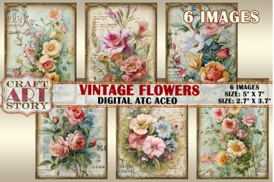 Vintage flowers card set,Collage picture cards Atc ACEO