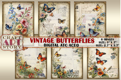 Vintage butterflies card set,Collage picture cards Atc ACEO