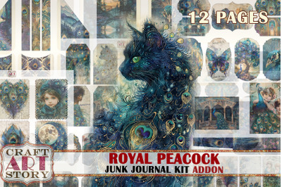 Royal peacock Junk Journal Kit ADDON, feathers peacock