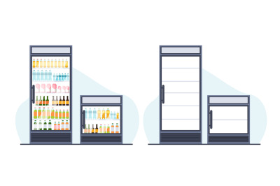 Beverage refrigerators with and without bottles. Supermarket merchandi