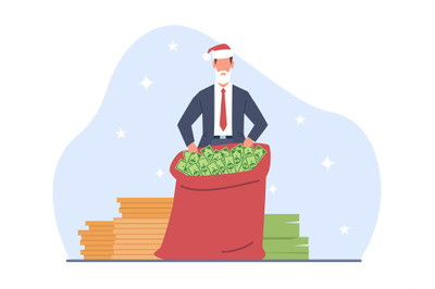 Businessman in Santa Claus suit with big bag of money. Happy man gives