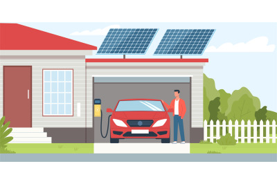 Charging an electric car in home garage. Contemporary house with solar