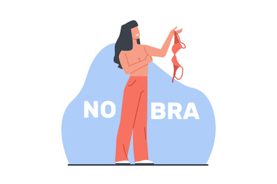 Day No Bra concept. Naked woman hold underwear in hand. Sticker banner