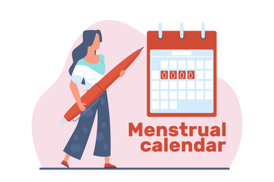 Girl keeps her menstrual calendar. Woman near large table with period